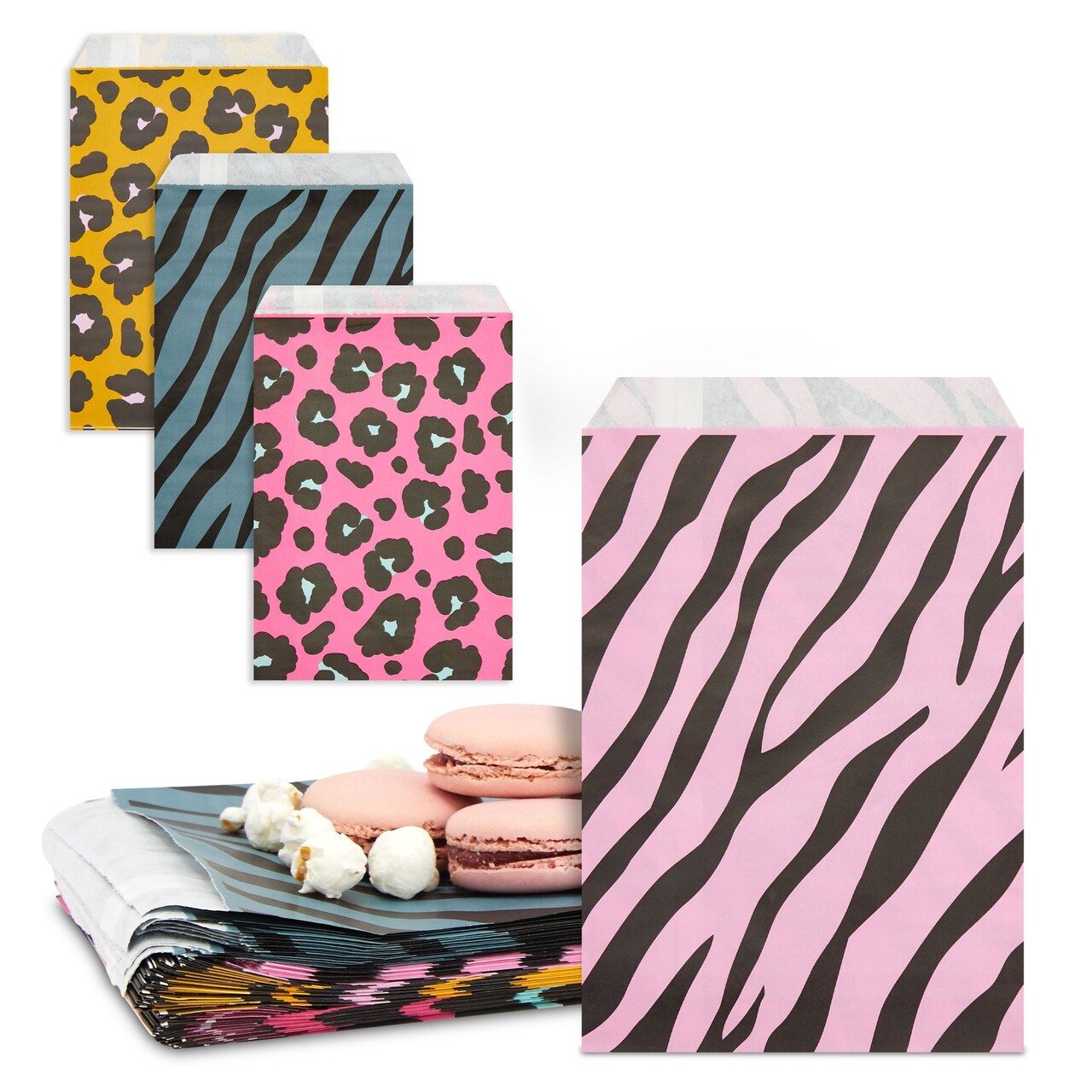 Animal Print Paper Goodie Bags for Safari Birthday Party Favors, 4 Assorted Designs (6 x 9 In, 100 Pack)